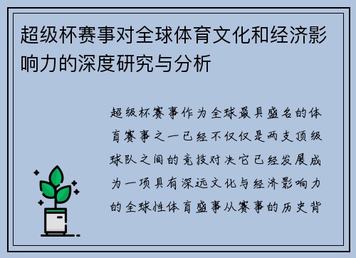 超级杯赛事对全球体育文化和经济影响力的深度研究与分析